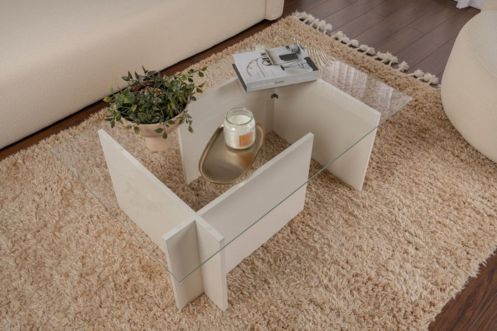 Nordure Mesa de centro blanca de madera con cristal templado, 105x40x65 cm